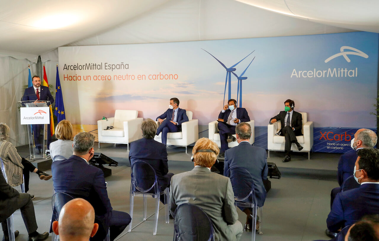 ArcelorMittal CEO Aditya Mittal speaks at the presentation of the  decarbonisation roadmap for steelmaking at the ArcelorMittal factory on 13  July 2021 in Gijón, Asturias, Spain. With decarbonisation, the Asturian  plants aim